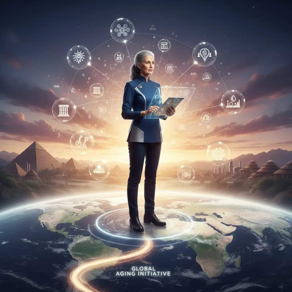 A woman with gray hair stands on a glowing globe, holding a digital tablet surrounded by futuristic icons against a sunset landscape.