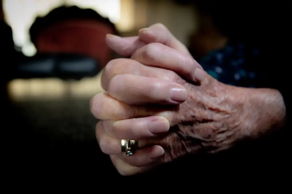 Close-up of elderly hands clasped together, showcasing age and experience.